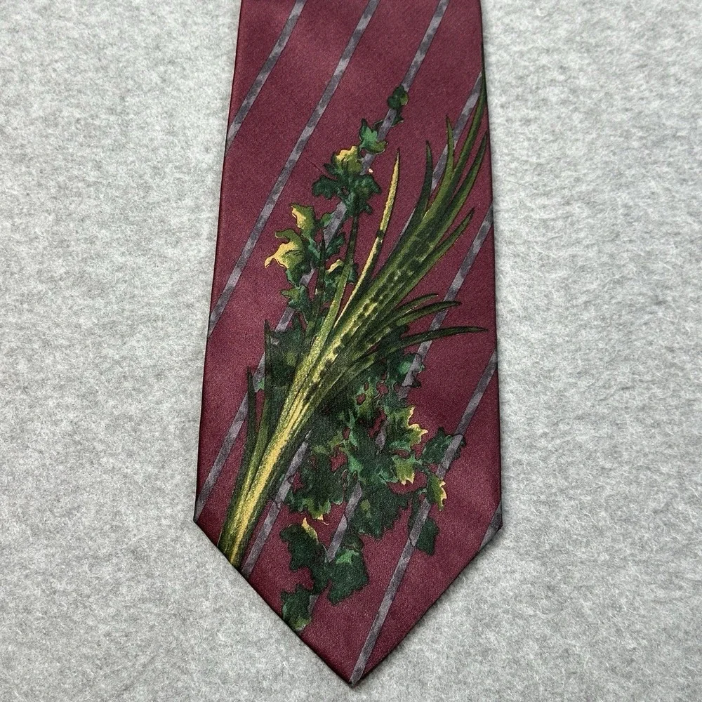 Vintage Anne Klein Men Silk Tie USA Red Floral Botanical Striped Necktie 56x3.75